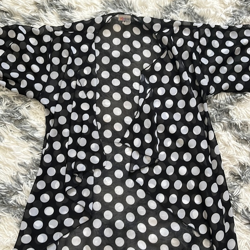 Lula Roe black and white polka dot kimono with black fringe